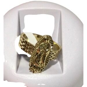 Gold Laminated Virgin Mary Ring Religious Oval Textured Band Statement RingSize8